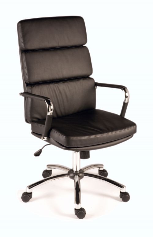 13446TK | The Teknik Office Deco executive faux leather chair in Black is a great and versatile choice for the home office. With its retro appearance and availability in a variety of colours it will happily pair with most styles of desk or office interior without compromising on quality. It has a high and comfortably padded backrest matching arm covers a recline function with tilt tension and a seat height adjusting lever. The glossy chrome arms and five star base complete the look. This chair is rated up to 110kg and is suitable for up to 8 hours a day usage. This chair is available in White, Black, Brown and Red for easy blending in all office decors.