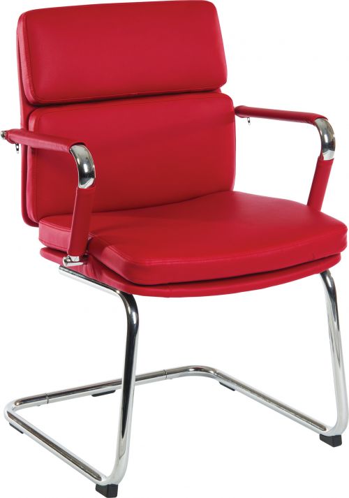 The Teknik Office Deco Visitor faux leather chair in Red is the perfect complement for the home office reception area or to match the Deco Executive Swivel chair. With its retro appearance and availability in a variety of colours it will happily pair with most styles of desk or office interior without compromising on quality. It has a comfortably padded backrest and seat matching and also removable arm covers and a sleek chrome cantilever frame. This chair is rated up to 100kg and is suitable for up to 5 hours a day usage. This chair is available in White, Black and Red for easy blending in all office decors.