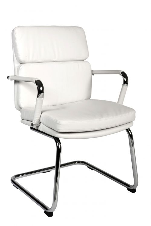 The Teknik Office Deco Visitor faux leather chair in White is the perfect complement for the home office reception area or to match the Deco Executive Swivel chair. With its retro appearance and availability in a variety of colours it will happily pair with most styles of desk or office interior without compromising on quality. It has a comfortably padded backrest and seat matching and also removable arm covers and a sleek chrome cantilever frame. This chair is rated up to 100kg and is suitable for up to 5 hours a day usage. This chair is available in White, Black and Red for easy blending in all office decors.