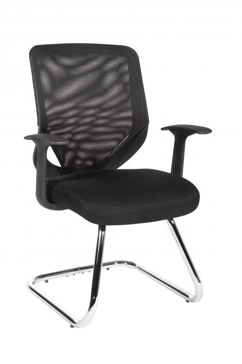 13250TK | The Teknik Office Nova Mesh backed visitor chair with a durable black fabric padded seat and removable nylon fixed arm rests is a fantastic entry level chair for all home and work office surroundings. It has an aerated backrest and a bright chrome cantilever frame making this chair a great addition for all office decors and tastes. Durable for up to 8 hours a day and rated to 100kg. There is also a matching executive swivel chair available to complement this item.