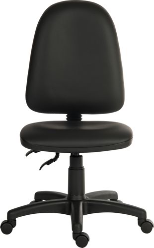 The Teknik Office Ergo Twin PU Black is our contemporary, wipe clean twin lever high back operator chair. It has a floating or fixed permanent contact backrest, gas lift seat height adjustment and a sturdy nylon base. It also benefits from a 150kg rated gas lift. This accepts optional arms rests in fixed or height adjustable form and is also available in Blue or Black Fabric.