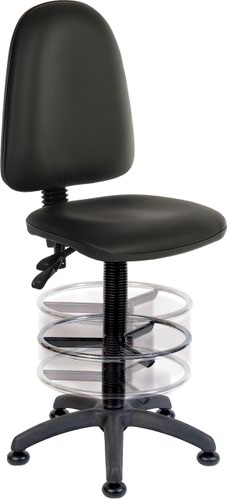 The Teknik Office Ergo Twin Deluxe Drafter chair in a wipe clean Black PU Fabric is our entry level solution for counter work, easy to use and with a height adjustable footring for off floor support and height specific leg comfort. It has a floating or fixed permanent contact backrest a height adjustable seat and fixed glides to stop the chair rolling away! Also available in Blue or Black Fabric and with optional Fixed Standard, Step Adjustable or Comfort arm rests.