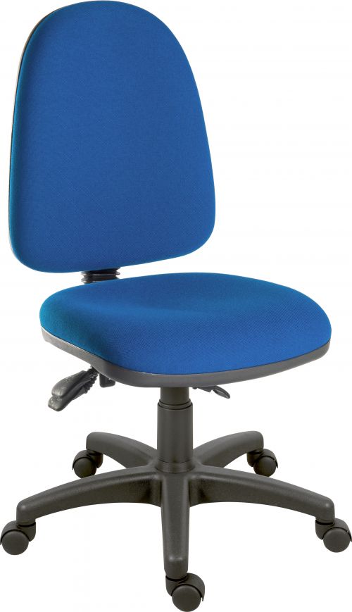 Teknik Office Ergo Trio Blue Fabric Operator Chair 3 Lever Mechanism Sturdy Nylon Base Accepts Optional Arm Rests