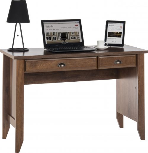 The Teknik Office Oiled Oak Effect Laptop Desk, a fabulous and contemporary styled option, perfect for any home or student office. This smart and traditional desk provides ample space for work, writing, and laptops. It benefits from features such as a stationery drawer, an additional flip down keyboard shelf, which doubles up as another drawer, silver effect handles, side panel inserts, chunky desk top and a stylish tapered leg detail. The neutral yet classy Oiled Oak Effect tone of this desk makes it an ideal match for all rooms and office colour schemes. This desk is also available in a Jamocha Wood Effect and a Soft White colouring.