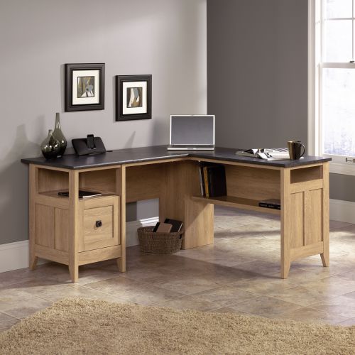 Teknik Office L-Shaped Executive Desk With Dover Oak Finish and Stylish Slate Coloured Desktop