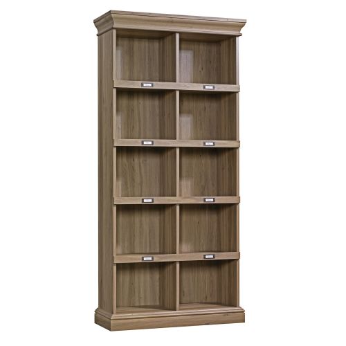 Teknik Office Barrister Home Tall Bookcase in Salt Oak Finish with Ten Cubby Holes and Contrasting Metal Identification Tags