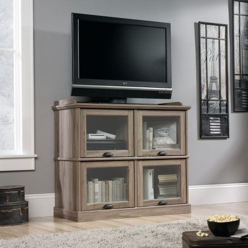 Teknik Office Barrister Home TV Stand Salt Oak Finish with Space for 42in TV and Four Cubby holes Safety Tempered Glass Doors