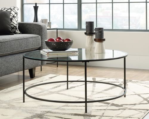 Hampstead Park Circular Coffee Table with Glass Top and Black Metal Frame - 5414970