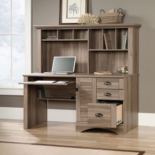 Teknik Office Louvre Hutch Desk in a Salt Oak Finish with Slide Out Keyboard/Mouse Shelf Multiple Storage Cubbyholes Within Hutch and Filer Drawer