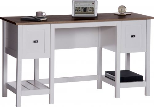 The Teknik Office Shaker Style Desk in an appealing Soft White shade is a simple and clean looking style option, a perfect offering for the home office or study. The contrasting lintel oak accent desktop and the metal effect chic drawer handles adds to the 'shaker / beach hut' tone of this highly crafted item. This desk has a letter sized filing drawer, a storage drawer and additional lower shelves for additional stationery management. The grand desktop provides a versatile and ample space for coursework, laptops, homework and study. It also has the added benefit of being finished throughout so you can place the desk freestanding in any location and at any angle.