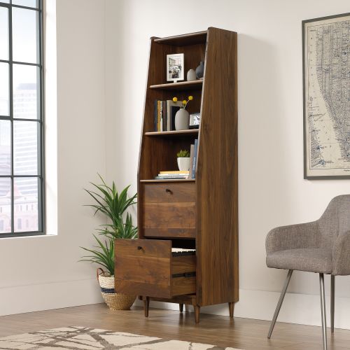 Teknik Office Hampstead Park Narrow Bookcase Grand Walnut Effect Finish Two Fixed Display Shelves Two file Drawers and Sturdy Wooden Feet