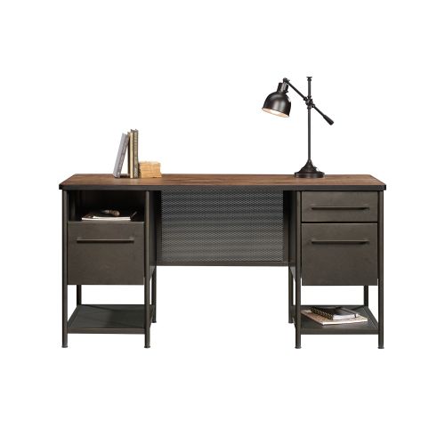 The Teknik Office Boulevard Cafe Desk is a sleek and tasteful option for all styles of office and colour schemes.  This fresh and modern styled desk benefits from a large desktop working surface finished in a stunning contrasting Vintage Oak Accent effect which not only provides more than ample space for writing and computer work, it is an ideal match for all decorative interiors. There are three storage drawers with full extension slides to stash all manner of desking stationery as well as two storage shelves and one cubbyhole finished in black. The lower drawers hold letter sized suspension files for additional organisation. The look is completed with a beautifully finished powder coated sturdy metal frame, accented with perforated metal panels. This desk also benefits from a 360 degree finish, for effortless and versatile placement anywhere within your home or office working area. 