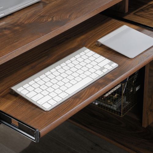 Teknik Office Clifton Place L-Shaped Executive Desk Grand Walnut Effect Finish Flip Down Keyboard Shelf Two File Drawers Three Storage Drawers Cubby S