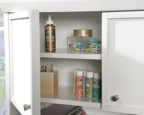 29308TK | The Teknik Office Craft Storage Hutch in a White Finish is a delightfully simple and useful optional extra for our Craft Ranges 5421405 Craft Open Storage Cabinet, 5421407 Craft Storage Cabinet or the 5421417 Craft Desk/Table. It has an adjustable shelf behind doors for customisable storage of your favourite craft items. There is also an open shelf for easy access storage and a built in pegboard which provides convenient and visible organisation of tools and supplies. It also benefits from an enclosed back with cord access to allow a convenient path for all of your cables. 