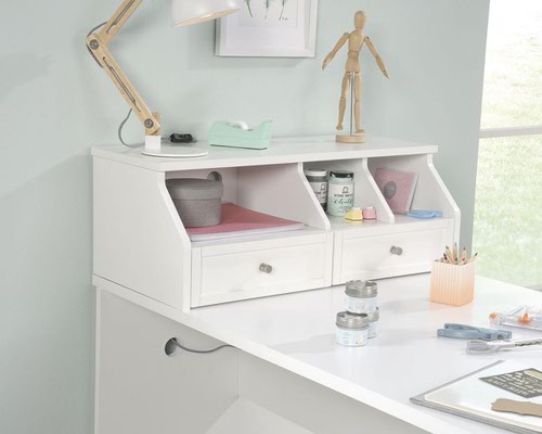 29287TK | The Teknik Office Craft Organiser Hutch in a White Finish is a delightfully simple and useful optional extra for our Craft Ranges 5421405 Craft Open Storage Cabinet, 5421407 Craft Storage Cabinet or the 5421417 Craft Desk/Table. It has open cubbyhole storage to provide easy access of your craft items as well as two storage drawers with full extension slides which can hold additional supplies. It also benefits from an enclosed back with cord access to allow a convenient path for all of your cables. 