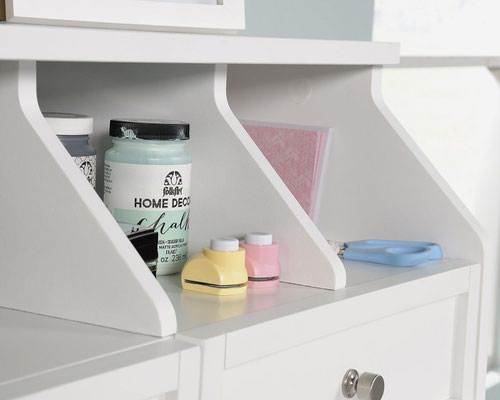 The Teknik Office Craft Organiser Hutch in a White Finish is a delightfully simple and useful optional extra for our Craft Ranges 5421405 Craft Open Storage Cabinet, 5421407 Craft Storage Cabinet or the 5421417 Craft Desk/Table. It has open cubbyhole storage to provide easy access of your craft items as well as two storage drawers with full extension slides which can hold additional supplies. It also benefits from an enclosed back with cord access to allow a convenient path for all of your cables. 