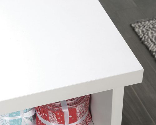 29266TK | The Teknik Office Craft Desk / Table in a White finish is the delightfully simple office furniture offering ideal for any office or room in the house. The generous melamine work surface provides ample space for all of your crafting activities and is highly resistant to heat, stains and scratches. There is one drawer with full extension slides which can hold letter-size hanging files while the open shelving provides easy access storage. It benefit from cord management for your laptop, sewing machine, anything else with wires to make your life easier. This item also has a 360 degree all round finish, ideal for perfect placement within your workspace. . You can obtain even more storage by purchasing the additional 5421414 Craft Storage Hutch Soft White or 5421416 Craft Organiser Hutch Soft White which will fit perfectly and seamlessly onto this item.