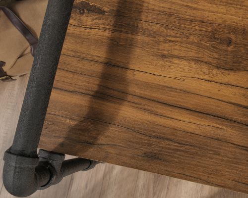 Teknik Office Iron Foundry Desk with Checked Oak effect finish Textured Powder Coated Metal Pipe Framework | 5423505 | Teknik