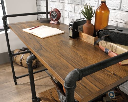 Teknik Office Iron Foundry Desk with Checked Oak effect finish Textured Powder Coated Metal Pipe Framework