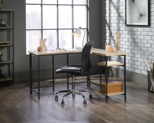 5424932 | The Teknik Office Industrial Style L-Shaped Executive Desk is a sharp and minimalist design for those that need the full office solution for their home office without taking up all the room. It has a Charter Oak effect finish desktop and shelves with a contrasting durable black metal frame which is ideal for all styles and colour schemes. The large lightweight yet strong desktop and return provides a generous working area for all manner of study and essential office work. This L-shaped desk features open storage with two fixed shelves which allows easy access to all of your office accessories. This also benefits from a 360 degree all round finish which means it can be freestanding anywhere within your home. All in all, a fabulous solution for all your home office needs.