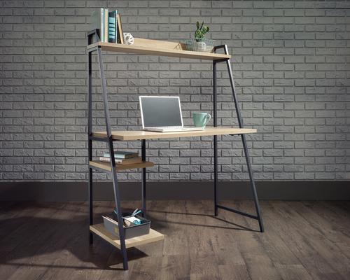 Teknik Office Industrial Style Bench with elevated Shelf has a durable black metal frame and charter oak effect desktop, also includes two lower match | 5424933 | Teknik