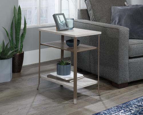 Teknik Office City Centre Side Table in Champagne Oak finish with spacious top and two lower open shelves for storage and durable satin taupe metal fr