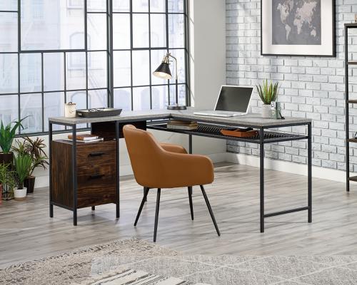 The Teknik Office Market L-Shaped Executive Desk is a charming yet functional offering for those that need the full office solution for their home office without taking up all the room. It has a Rich Walnut effect finish with a stylish slate grey coloured desktop which is ideal for all styles and colour schemes. The large lightweight yet strong and durable 1" desktop and return provides a generous working area for all manner of study and essential office work. This L-shaped desk features a small storage drawer that opens and closes on smooth metal runners for easy access to all of your stationery. The large lower drawer with full extension slides can hold letter-size hanging files to aid with organising and the two open shelves provide you with additional cubby areas.  It also features a durable, powder coated metal frame and wire mesh back and is finished on all sides, this desk will stand out, no matter where you locate it. All in all, a fabulous solution for all your home office needs.