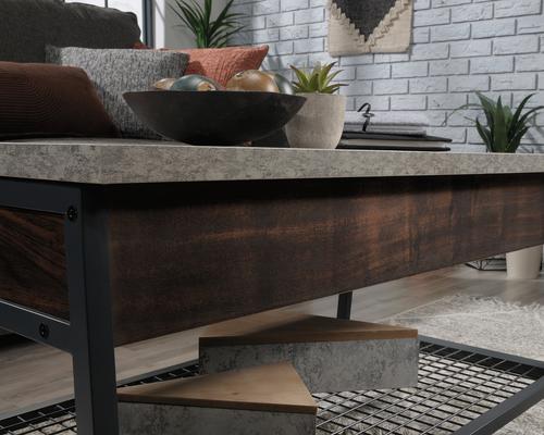 Teknik Office Market Lift Up Coffee / Work Table in Rich Walnut Finish with hidden storage space wire mesh shelf and lift up top finished in Slate Gre