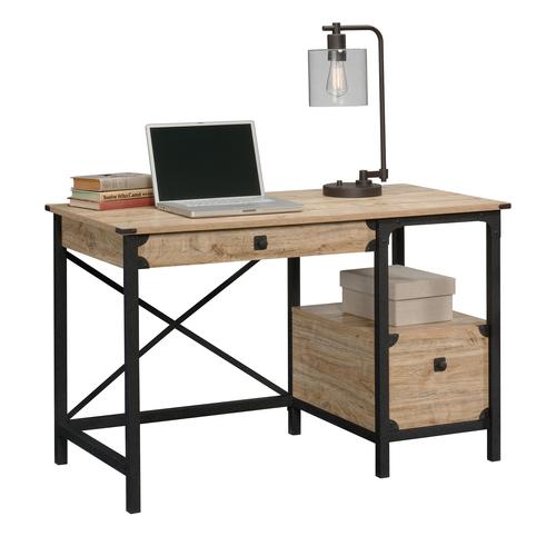 12844TK | The Teknik Office Steel Gorge Desk Milled Mesquite is our practical and no nonsense design option for the home and work office. This stylish looking desk provides a spacious work area for all manner of office studies. The desk benefits from two drawers with extension slides to store all manner of office stationery along with an open shelf for additional storage or display for all of your important accessories. Finished in a Milled Mesquite effect and coupled with a textured powder coated metal frame with appealing corner accents, this desk ensures it's an ideal match for all rooms and colour schemes. It also has rear crossbars for added stability and long lasting durability. Finally, this desk has the added benefit of being finished throughout so you can place the desk freestanding in any location and at any angle.