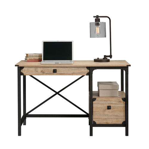 12844TK | The Teknik Office Steel Gorge Desk Milled Mesquite is our practical and no nonsense design option for the home and work office. This stylish looking desk provides a spacious work area for all manner of office studies. The desk benefits from two drawers with extension slides to store all manner of office stationery along with an open shelf for additional storage or display for all of your important accessories. Finished in a Milled Mesquite effect and coupled with a textured powder coated metal frame with appealing corner accents, this desk ensures it's an ideal match for all rooms and colour schemes. It also has rear crossbars for added stability and long lasting durability. Finally, this desk has the added benefit of being finished throughout so you can place the desk freestanding in any location and at any angle.