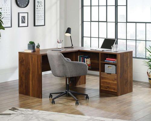 Teknik Office Hampstead Park L Shaped Desk Grand Walnut Finish, Large Desk Return Open Storage Flexible Adjustable Shelving