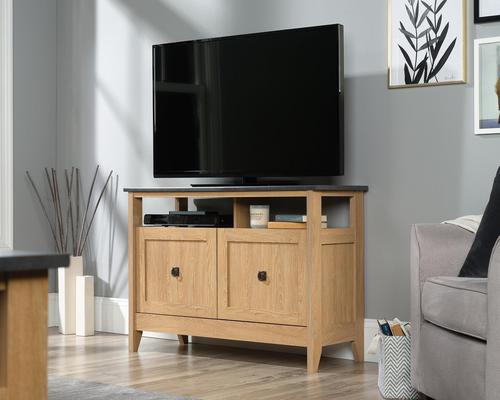 Teknik Office Home Study TV Stand/Sideboard in Dover Oak Finish and Slate accent which accommodates up to a 50” TV and has adjustable shelving behind 
