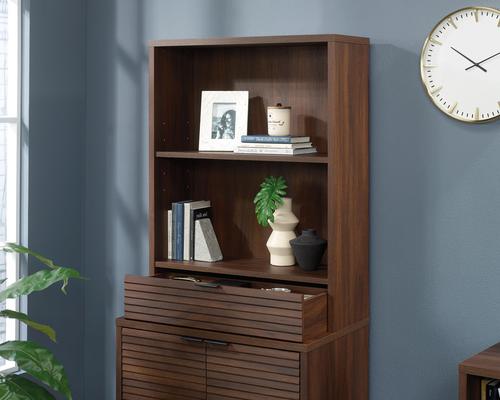 Teknik Office Elstree Hutch with Drawer in Spiced Mahogany finish with stylish louvre-style detailing