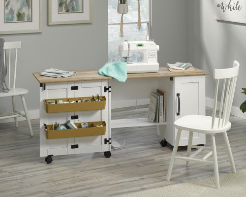Teknik Office Sewing / Craft Cart  Soft White Finish with Lintel Oak Accents 2 large double doors  2 adjustable shelves behind smaller doors
