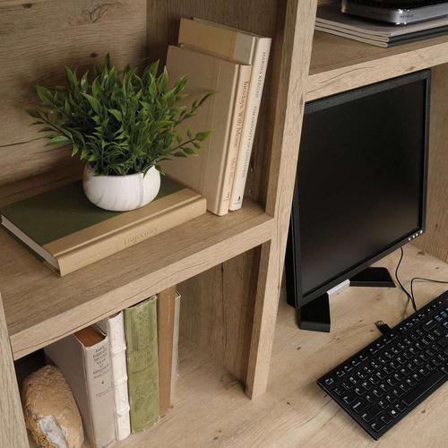 Teknik Office Hutch Option for the Prime Oak Executive Desk complete with durable 1â€ thick top, two adjustable shelves and cubbyhole storage