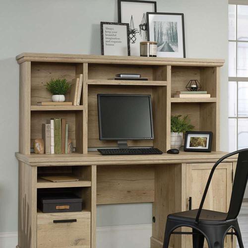 Teknik Office Hutch Option for the Prime Oak Executive Desk complete with durable 1” thick top, two adjustable shelves and cubbyhole storage