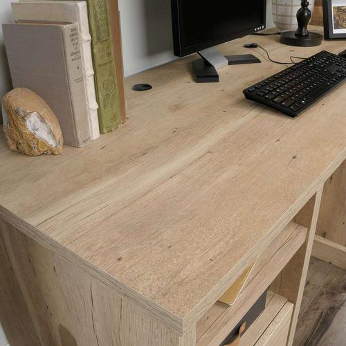Teknik Office Prime Oak Effect Executive Desk with a durable 1â€ thick desktop, open storage, letter / legal sized filer drawer and storage area behi
