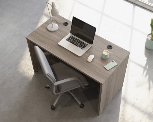 25759TK | The Teknik Office Affiliate 1200 x 600 Desk is our functional and commercial style option for all manner of colour schemes and work spaces.  This compact desk offers a very durable 1” thick melamine heat, stain and scratch resistant top to hold up your laptop, favourite beverage and display items with ease. It comes with two handy grommet holes for easy cord management and the adjustable base feet will ensure it stays perfectly level on even the most uneven floors.  Beautifully finished in a Hudson Elm effect, this Desk also benefits from a 360 degree finish for adaptable placement within your office. It can be used as a stand alone desk or can be fastened to the left or right side of these Affiliate desking codes: to  5427422, 5427427, 5427415, 5427424, 5427468 and 5427428 to extend your work area. There are also other matching cupboards, desks, hutches and bookcases within the Affiliate range which will complement this item.