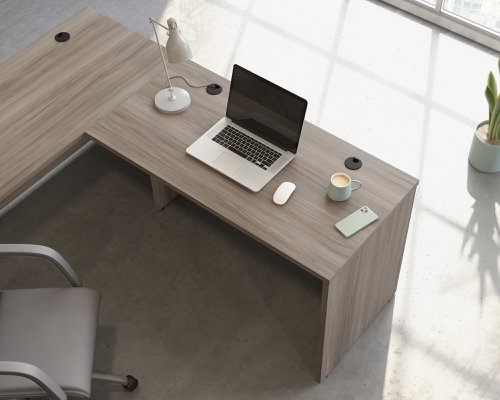 The Teknik Office Affiliate 1200 x 600 Desk is our functional and commercial style option for all manner of colour schemes and work spaces.  This compact desk offers a very durable 1” thick melamine heat, stain and scratch resistant top to hold up your laptop, favourite beverage and display items with ease. It comes with two handy grommet holes for easy cord management and the adjustable base feet will ensure it stays perfectly level on even the most uneven floors.  Beautifully finished in a Hudson Elm effect, this Desk also benefits from a 360 degree finish for adaptable placement within your office. It can be used as a stand alone desk or can be fastened to the left or right side of these Affiliate desking codes: to  5427422, 5427427, 5427415, 5427424, 5427468 and 5427428 to extend your work area. There are also other matching cupboards, desks, hutches and bookcases within the Affiliate range which will complement this item.