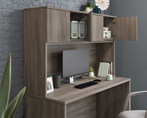 Teknik Office Affiliate 1500 Hutch in a Hudson Elm effect finish, hidden storage behind two double doors