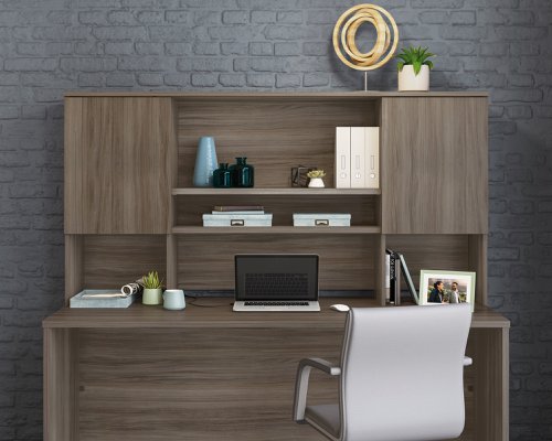 Teknik Office Affiliate 1800 Hutch in a Hudson Elm effect finish, hidden adjustable shelves for storage behind two doors