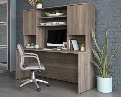 25794TK | The Teknik Office Affiliate 1800 Hutch is our functional and commercial style option for all manner of colour schemes and work spaces.  This hutch offers a very durable and efficient solution for creating additional storage for your office needs, keep your current Affiliate desk clutter free. It has hidden storage behind two doors, both with adjustable shelving which is perfect to customise how you organise your important items. It also has two adjustable central shelves which are ideal for open display storage, some picture frames or even a plant or 5! Beautifully finished in a Hudson Elm effect, this is a perfect match for current Affiliate desking codes: 5427422 and 5427427.  There are also other matching cupboards, desks, hutches and bookcases within the Affiliate range which will complement this item.