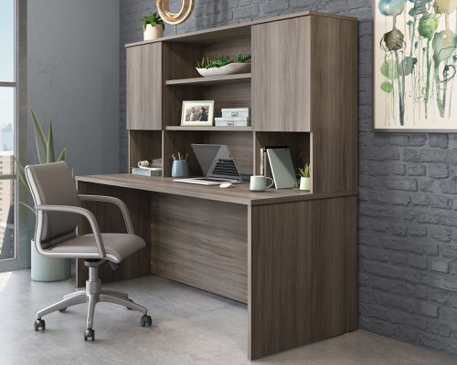 25794TK | The Teknik Office Affiliate 1800 Hutch is our functional and commercial style option for all manner of colour schemes and work spaces.  This hutch offers a very durable and efficient solution for creating additional storage for your office needs, keep your current Affiliate desk clutter free. It has hidden storage behind two doors, both with adjustable shelving which is perfect to customise how you organise your important items. It also has two adjustable central shelves which are ideal for open display storage, some picture frames or even a plant or 5! Beautifully finished in a Hudson Elm effect, this is a perfect match for current Affiliate desking codes: 5427422 and 5427427.  There are also other matching cupboards, desks, hutches and bookcases within the Affiliate range which will complement this item.