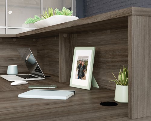 Teknik Office Affiliate 1800 Low Reception Hutch in a Hudson Elm effect finish, two open storage cubbies for clutter free display
