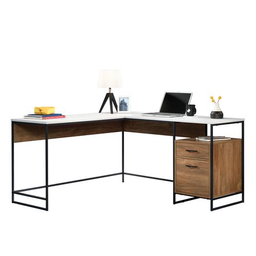 The Teknik Office Moderna L-Shaped Executive Desk is an ideal option for those that need the full office solution for their home office without taking up all the room! It has a Sindoori Mango effect colour with a stylish contrasting desktop and return in white which is an ideal coupling for all colour schemes. The large desktop and return provides a generous working area for all types of work and the two drawers on full extension slides are perfect for discreetly keeping all of your pens, pads and other office accessories neatly hidden. The lower drawer can also hold letter size hanging files. There is also a small open cubby shelf for books and other study items. It also has the added benefit of being finished 360 degrees for multiple placement within your room. All in all, a fabulous solution for all your home office needs.