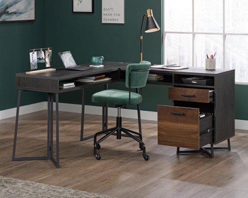 Teknik Office Canyon Lane L- Shaped Desk Brew Oak effect durable 1in thick desktop filing drawers 360 degree all round finish