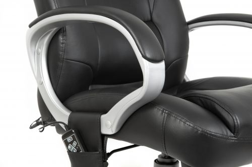 12662TK | The Teknik Office Lumbar Massage executive chair is upholstered in a supple black faux leather with a mains operated massage function focussed on the lumbar region. Ideal for those wishing to enjoy a relaxing massage in their working hours. This chair also features padded upholstery, padded arms in gun metal, matching capped base and other executive features such as a seat height adjustment and reclining function with tilt tension. Sit back and relax in this 8 hour a day, 115kg rated massage chair.