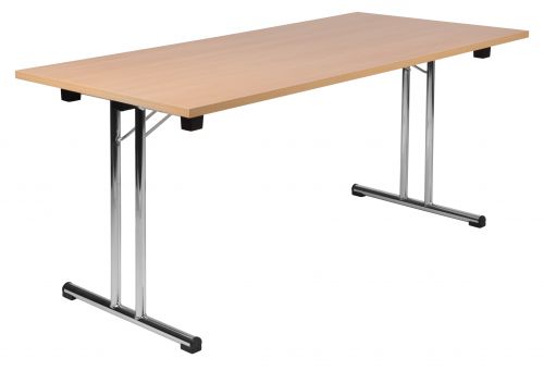 The Teknik Office Beech Effect Space Folding Table is a terrific addition to any executive or home office. It comes fully assembled and ready for action with its bright chrome folding leg frames and a robust 25mm top. It is of solid build when opened with its frame locking mechanism and is stackable when folded. This table is also available in a Wenge effect colouring, perfect for matching in any situation.