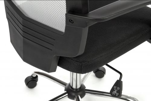12627TK | The Teknik Office Star Mesh White backed chair with a durable black fabric padded seat and fixed nylon fixed arm rests is a fantastic entry level chair for all home and work office surroundings. It has an aerated backrest gas lift seat height adjustment with recline function and tilt tension to make this a great addition for all tastes. Durable for part time work up to 3 hours a day and rated to 90kg. This chair has a smart chrome base included and is also available in Blue or Black mesh backed fabric.