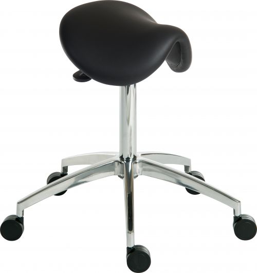 The Teknik Office Perch Black Sit/Stand height adjustable stool with its contoured and cushioned saddle style seat is a fantastic addition for all environments where the user wishes to glide sit stand and slide With its infinite locking forward tilt mechanism one can adjust the easy wipe clean PU seat to a multitude of positions. It also features a high grade aluminium 5 star base and heavy duty gas lift of 120kg great and sturdy to use for up to 8 hours a day. The 3 year replacement parts warranty is a huge plus as well as being available in smart black or clean white making it ideal for all tastes.